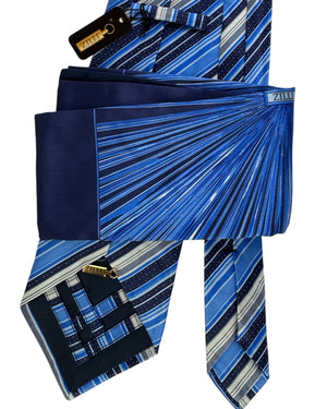 Zilli Silk Tie & Matching Pocket Square Set Light Blue With Navy And White Stripe