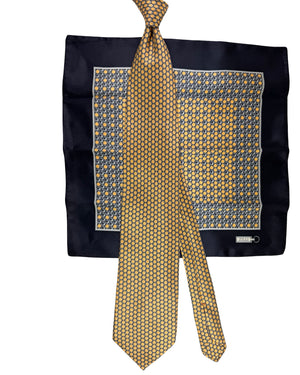 Zilli Tie & Matching Pocket Square Set Gold Black Hexagon Pattern