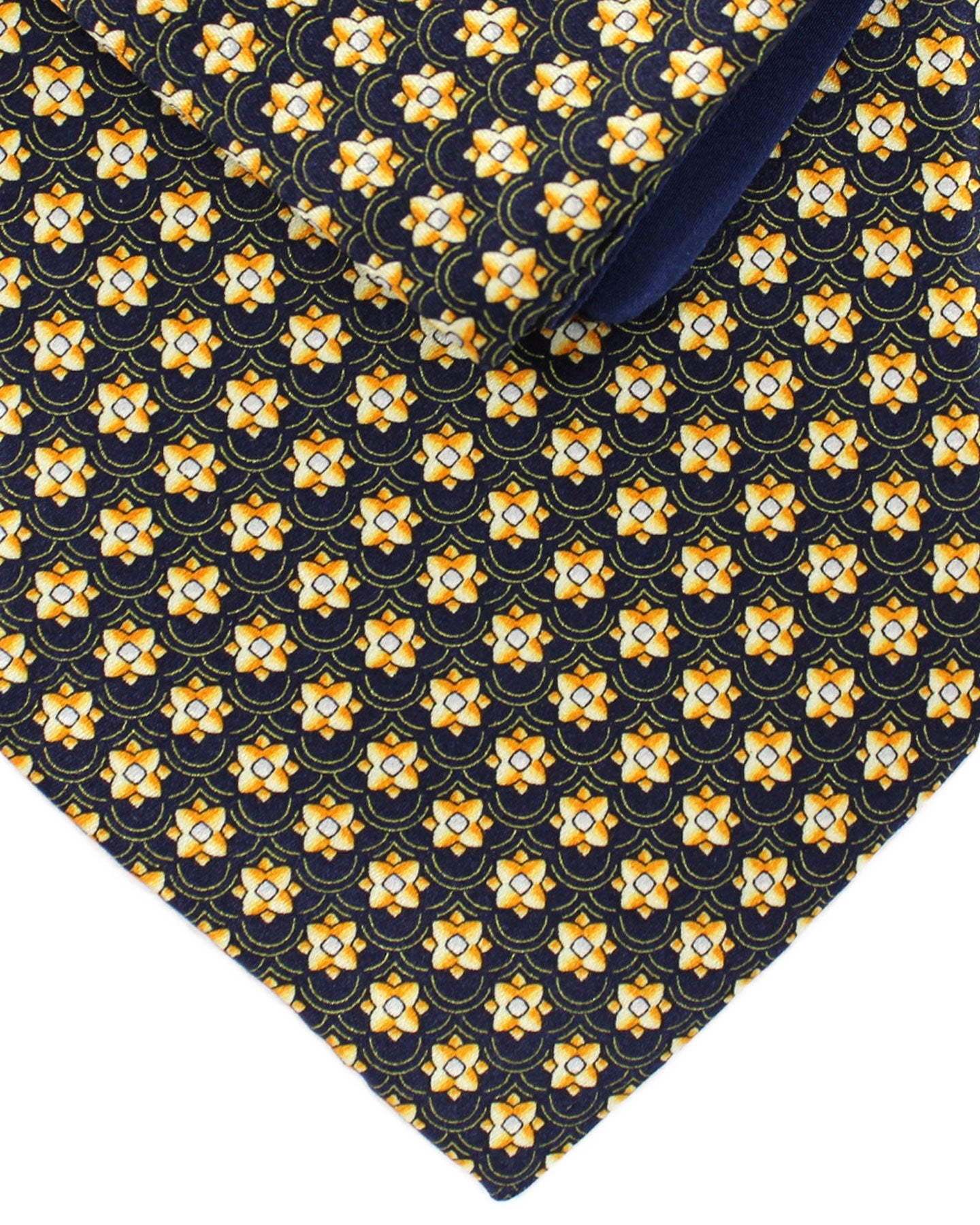 Zilli Silk Tie & Matching Pocket Square Set Black Orange Gold Medallions Design