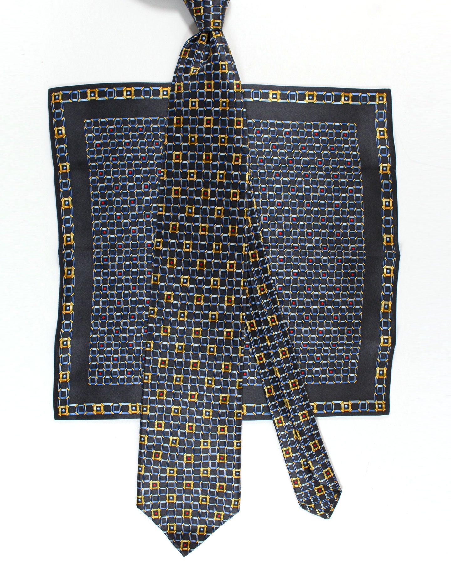Zilli Silk Tie & Matching Pocket Square Set Dark Blue Gold Design