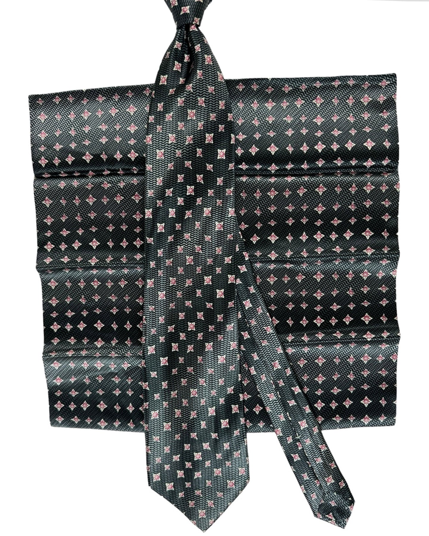 Zilli Silk Tie & Pocket Square Set Black Pink Medallions Design