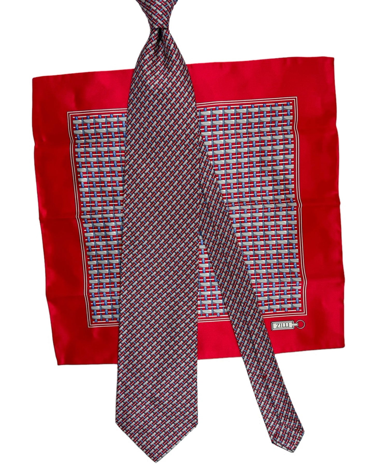 Zilli Silk Tie & Pocket Square Set Gray Red Blue Micro Pattern Design