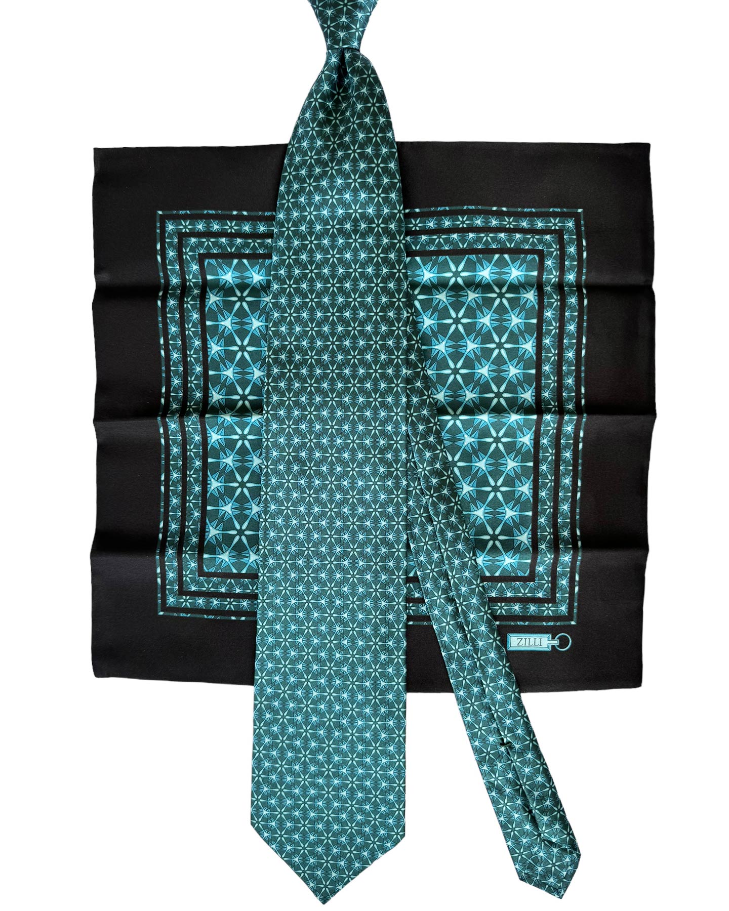 Zilli Tie & Pocket Square Set Ocean Green Blue Design