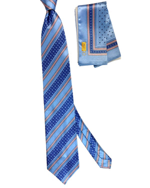 Zilli Silk Tie & Matching Pocket Square Set Sky Blue Pink Gray Stripes