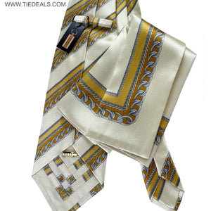 Zilli Tie & Matching Pocket Square Set Olive Gray Silver Chain Stripes