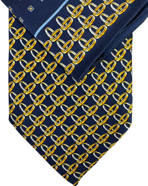 Zilli Silk Tie & Matching Pocket Square Set Midnight Blue Gold Interlocking Rings