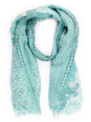 Kiton Scarf Aqua Turquoise Patch Design - Linen Silk Shawl