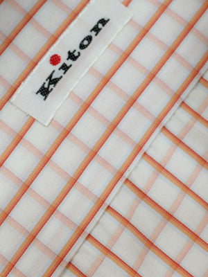 Kiton Dress Shirt White Orange Graph Check Spread Collar 40 - 15 3/4 REDUCED - SALE
