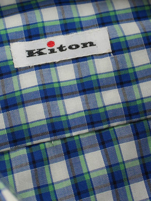 Kiton Dress Shirt White Royal Blue Green Brown Check 40 - 15 3/4 SALE