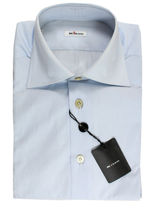 Kiton Dress Shirt White Blue Stripes Spread Collar