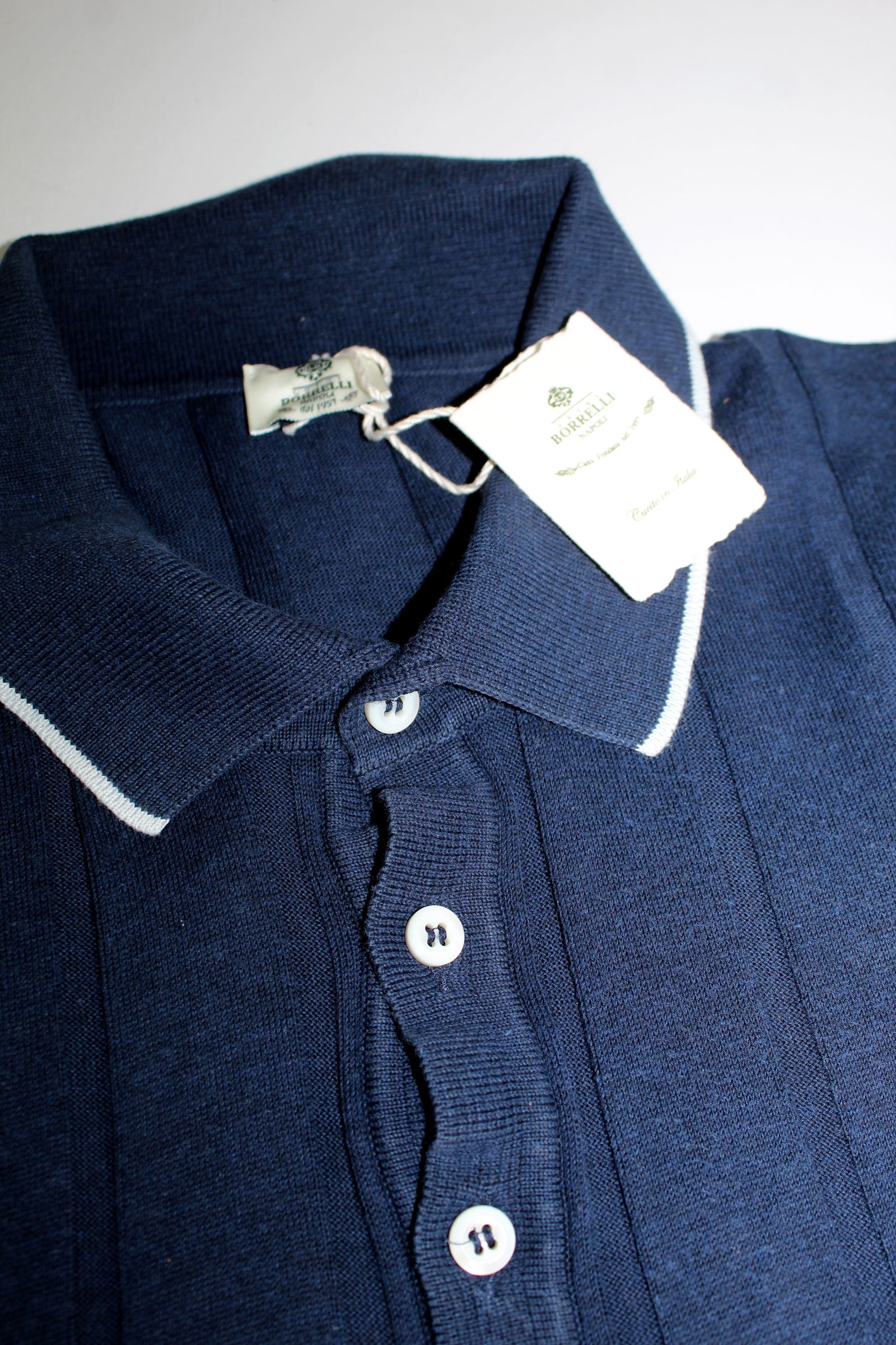 Luigi Borrelli Polo Shirt Navy Pleated Wool EU 48 / US 38