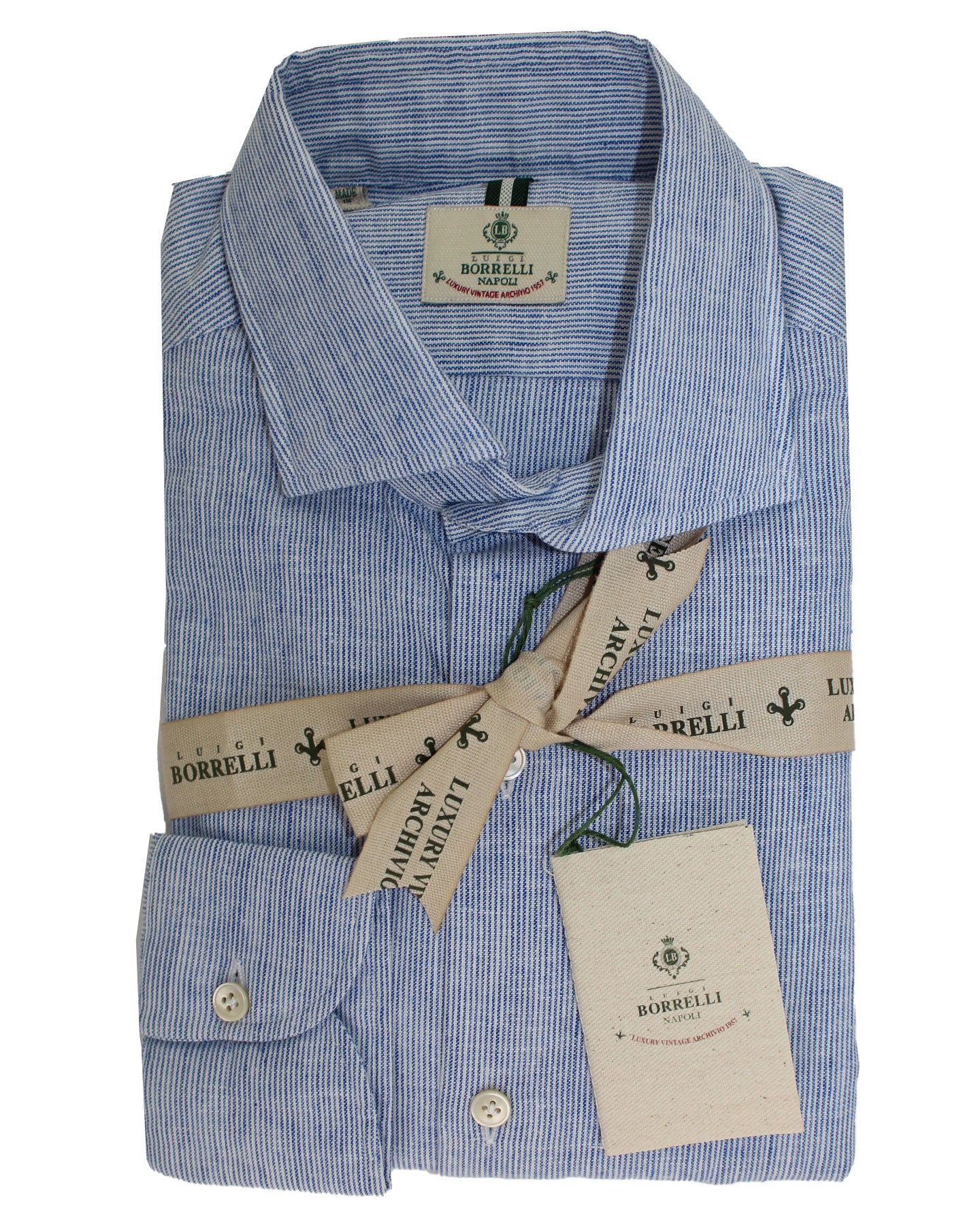 Luigi Borrelli Sport Shirt White Royal Blue Stripes 39 - 15 1/2