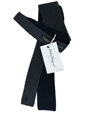 Salvatore Ferragamo Tie Navy Charcoal Gray Knitted Square End Tie - 2 Sided