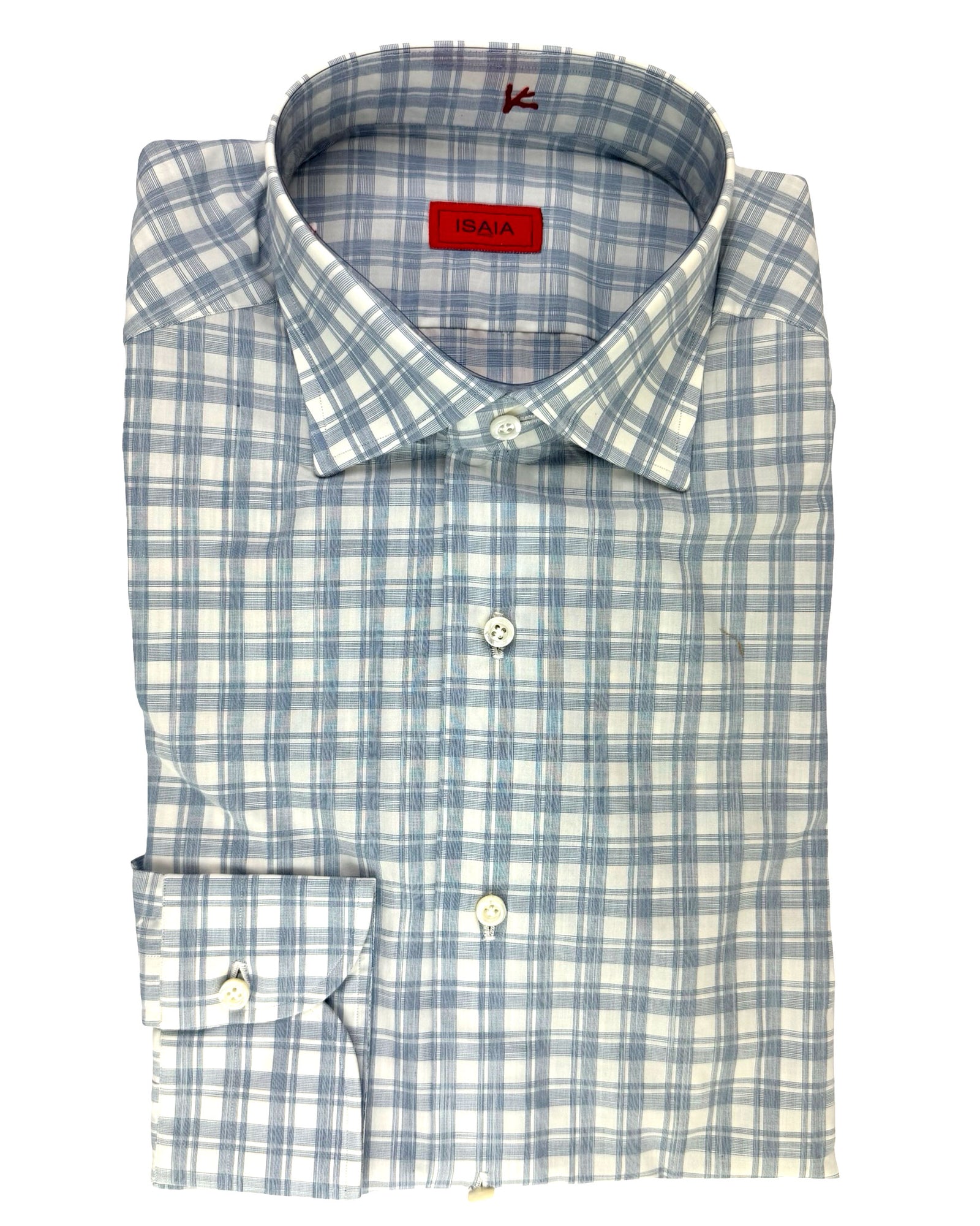 Isaia Shirt White Slate Blue Check 