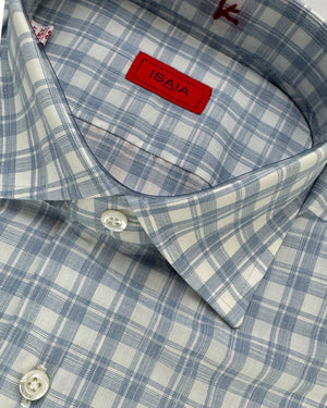 Isaia Shirt White Slate Blue Check New