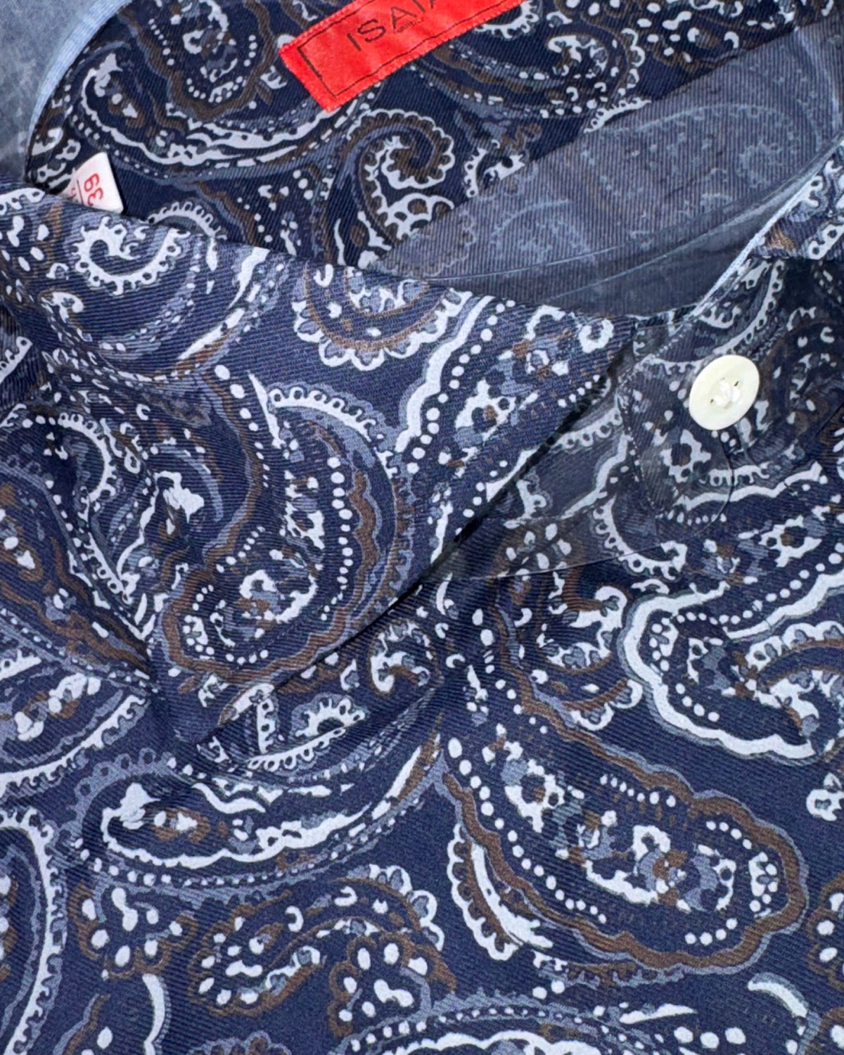 Isaia Shirt Navy Brown Paisley 39 - 15 1/2