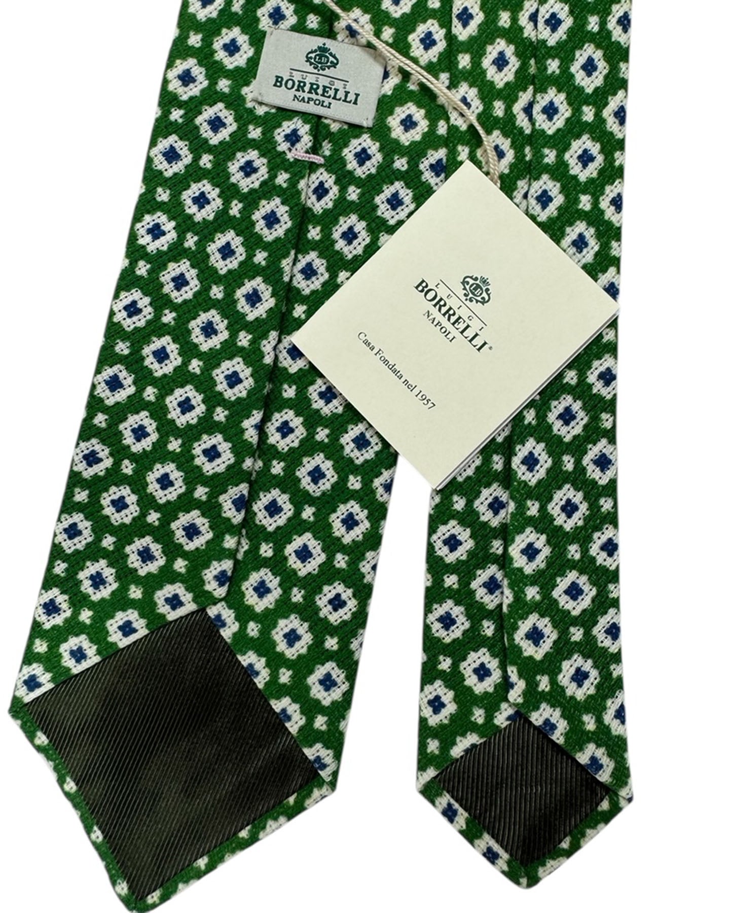 Luigi Borrelli Silk Tie Green White Navy Medallion