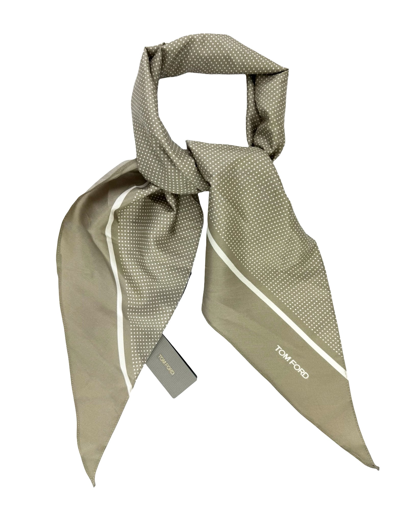 Tom Ford Silk Ascot Tie/ Scarf Taupe White Dots
