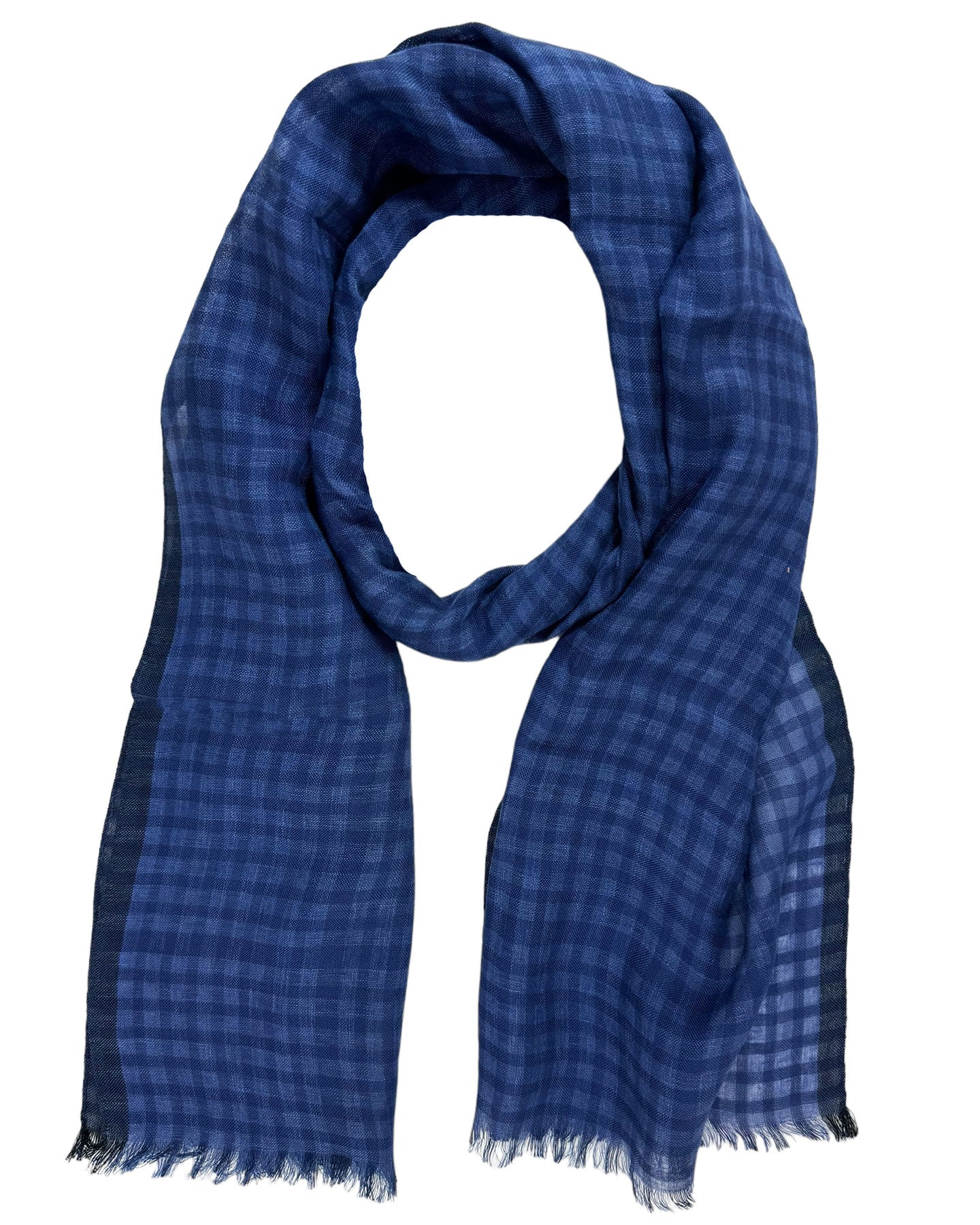 Agnona Scarf Dark Blue Check - Luxury Silk Linen Shawl