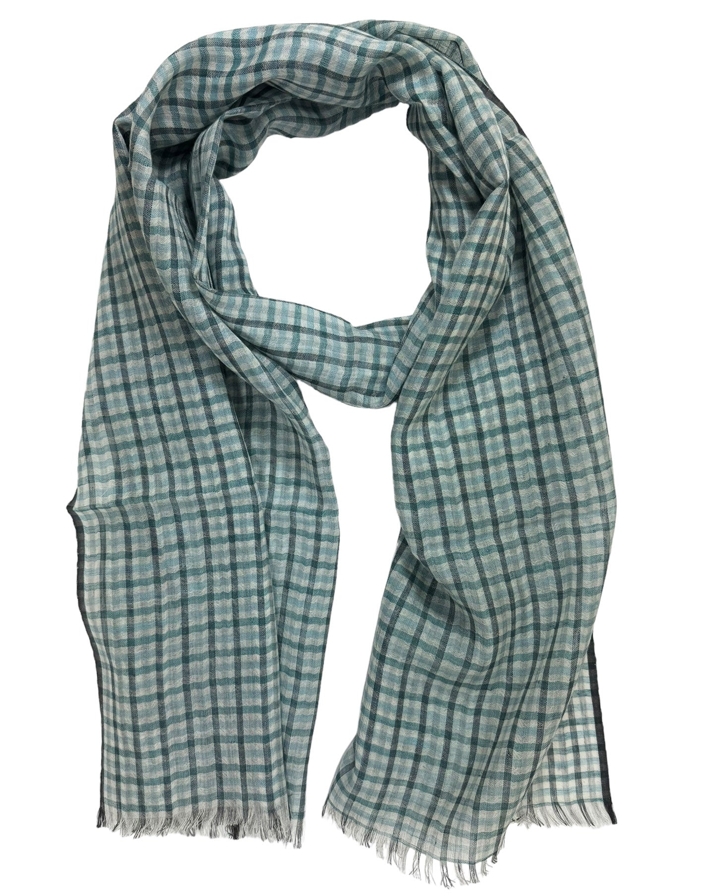 Agnona Scarf Aqua Gray Check - Luxury Cashmere Silk Linen Shawl SALE