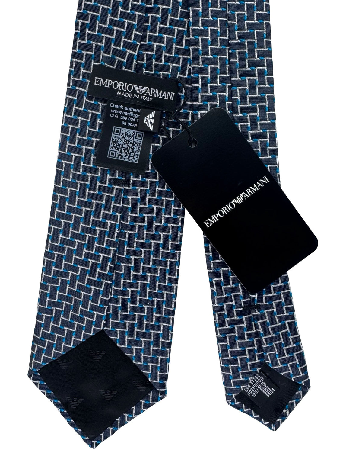 Emporio Armani Tie Black And Aqua Basket Weave Geometric Pattern