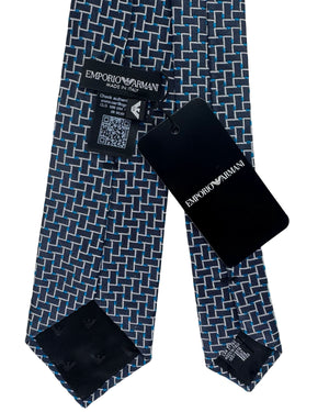 Emporio Armani Tie Black And Aqua Basket Weave Geometric Pattern