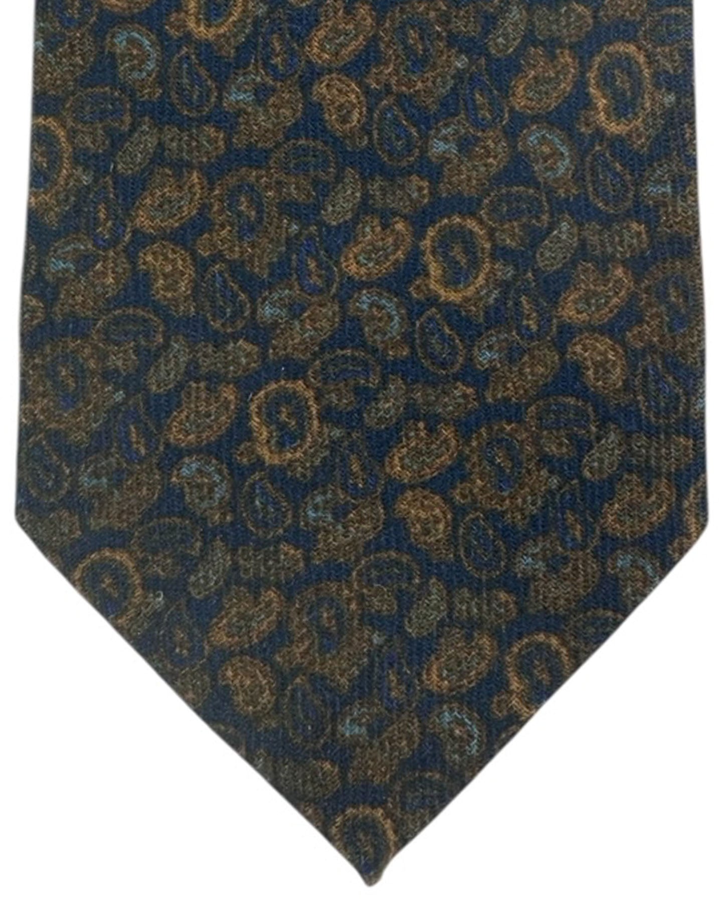 Cesare Attolini Wool Tie Midnight Blue Brown With Gold Paisley Pattern