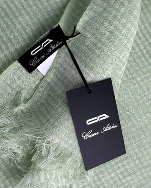 Cesare Attolini Scarf White Green Mini Check - Linen Cashmere Silk
