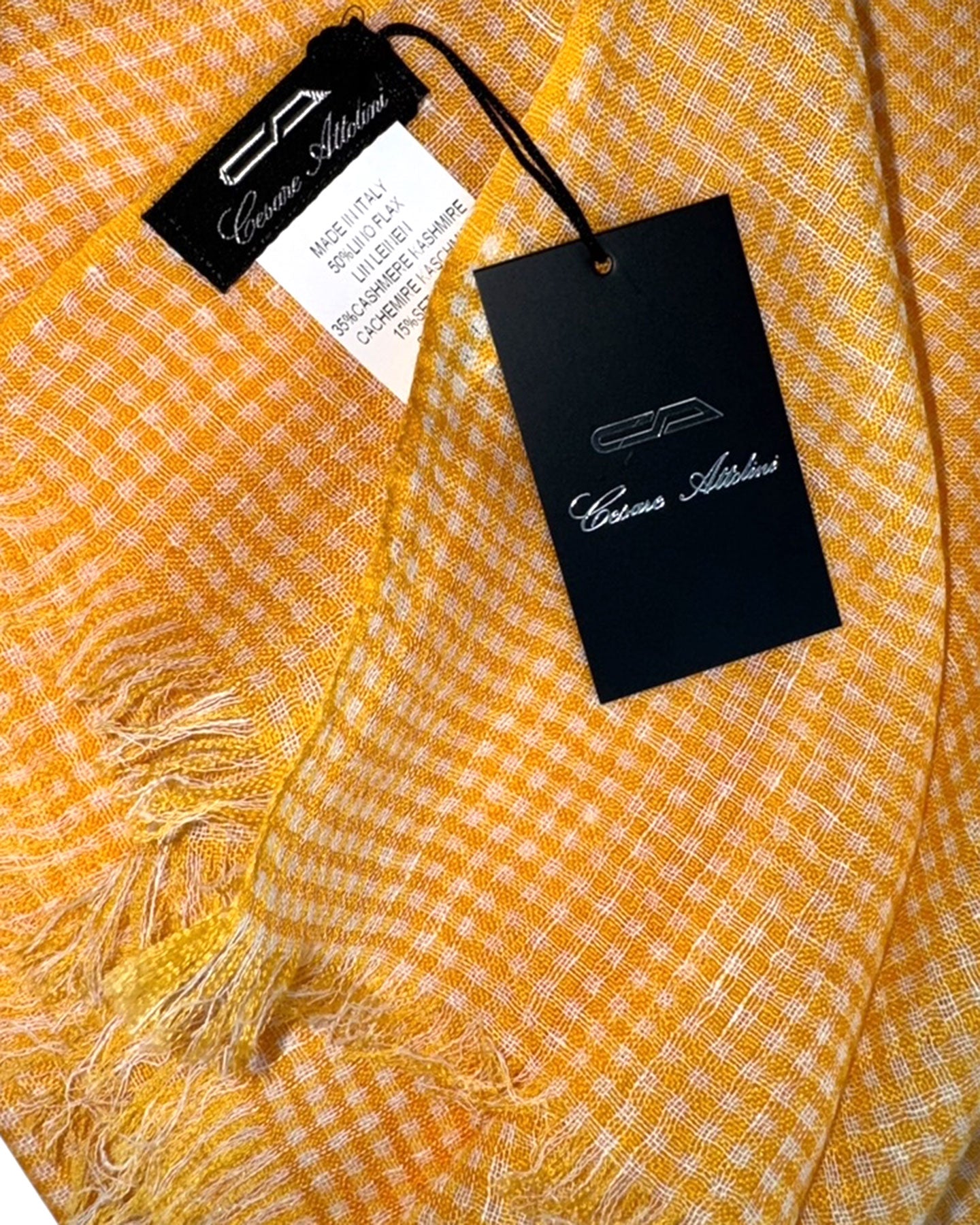 Cesare Attolini Scarf Orange White Mini Check - Linen Cashmere Silk
