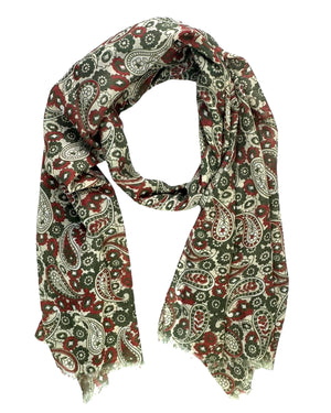 Cesare Attolini Scarf Forest Green Red White Paisley - Luxury Cashmere Cotton Shawl CYBER MONDAY SALE