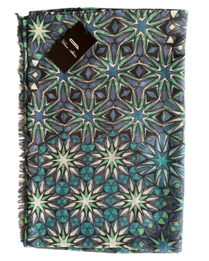 Cesare Attolini Scarf Midnight Blue Light Green Geometric Design