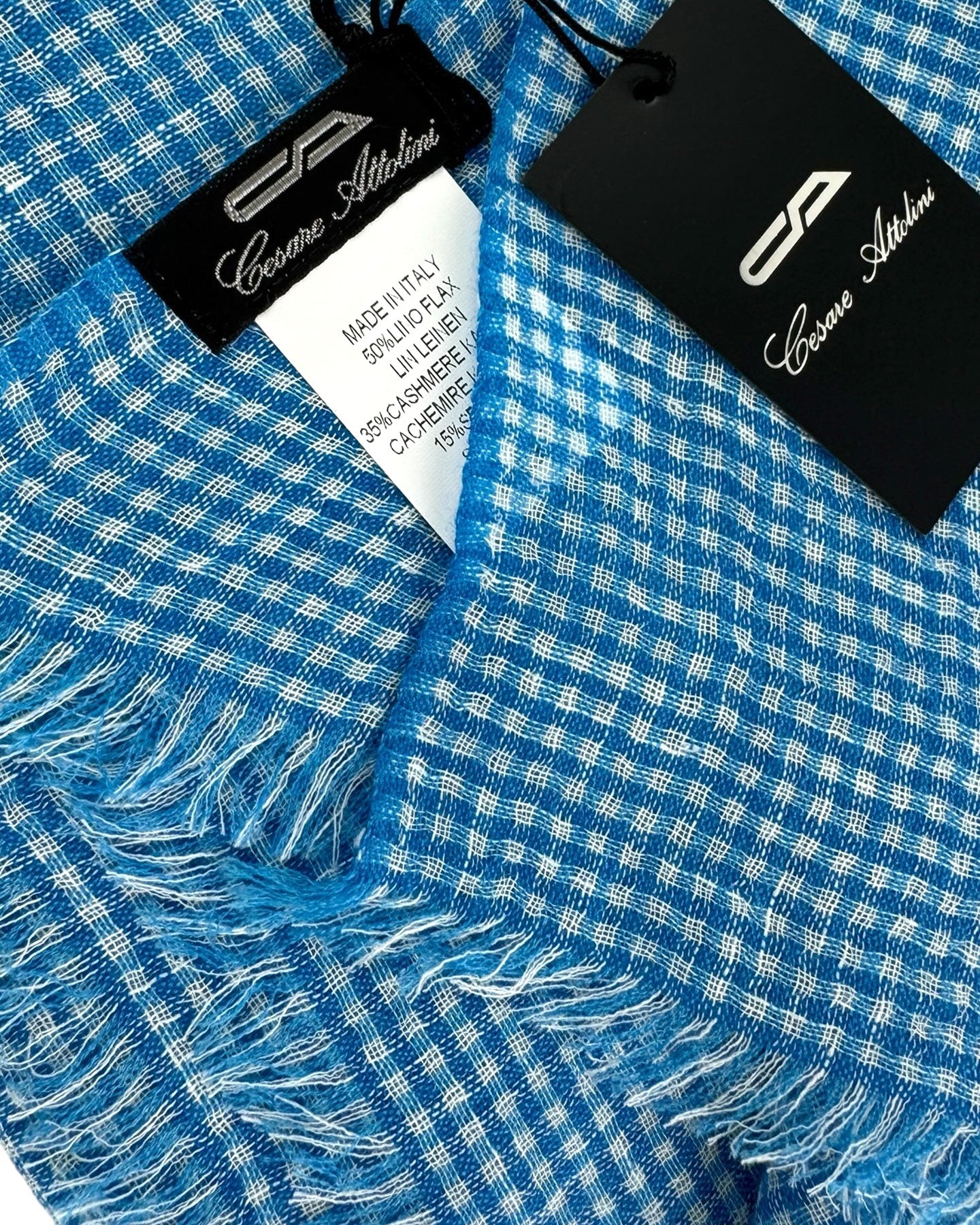 Cesare Attolini Scarf Aqua White Check - Cashmere Silk Shawl