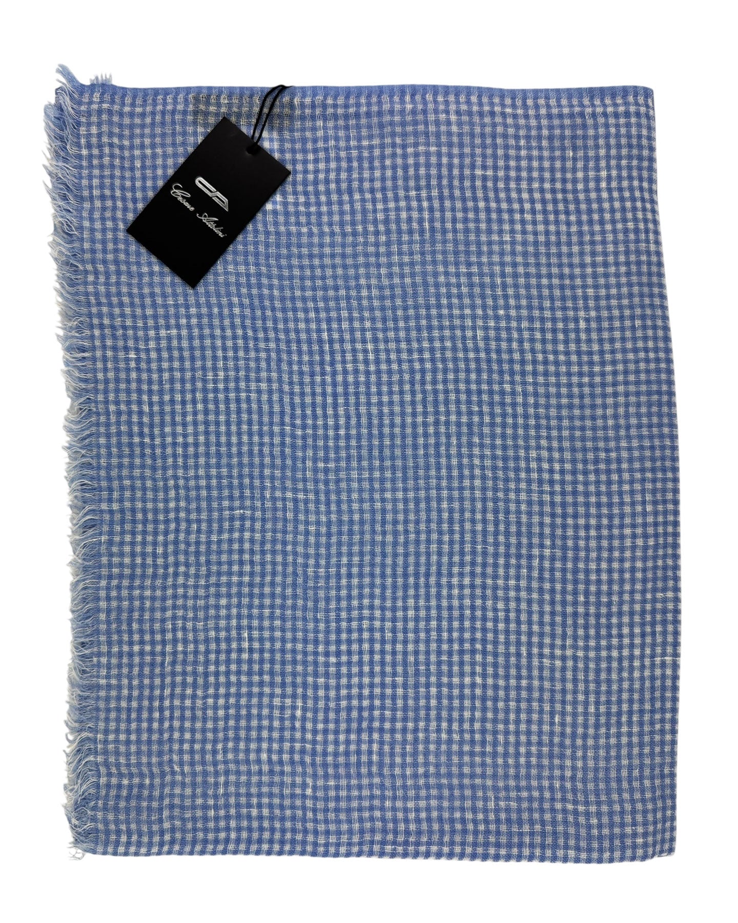 Cesare Attolini Scarf Blue White Check - Linen Cashmere Silk Shawl
