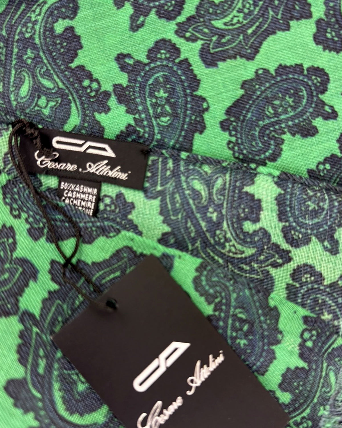 Attolini Scarf Classic Green Navy Paisley - Cashmere Cotton Shawl
