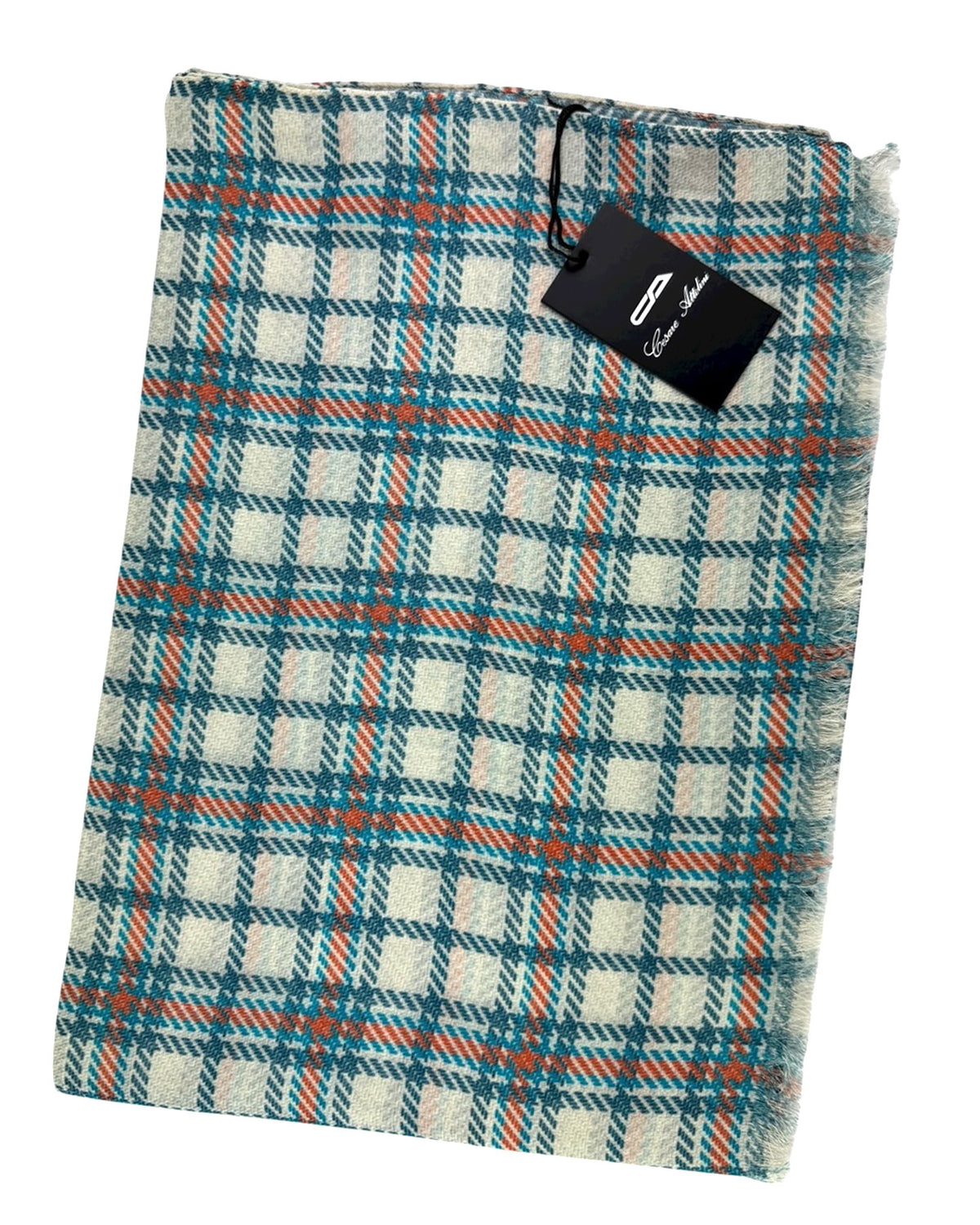 Cesare Attolini Scarf White Teal Orange Plaid Check - Luxury Cashmere Cotton Shawl BLACK FRIDAY SALE
