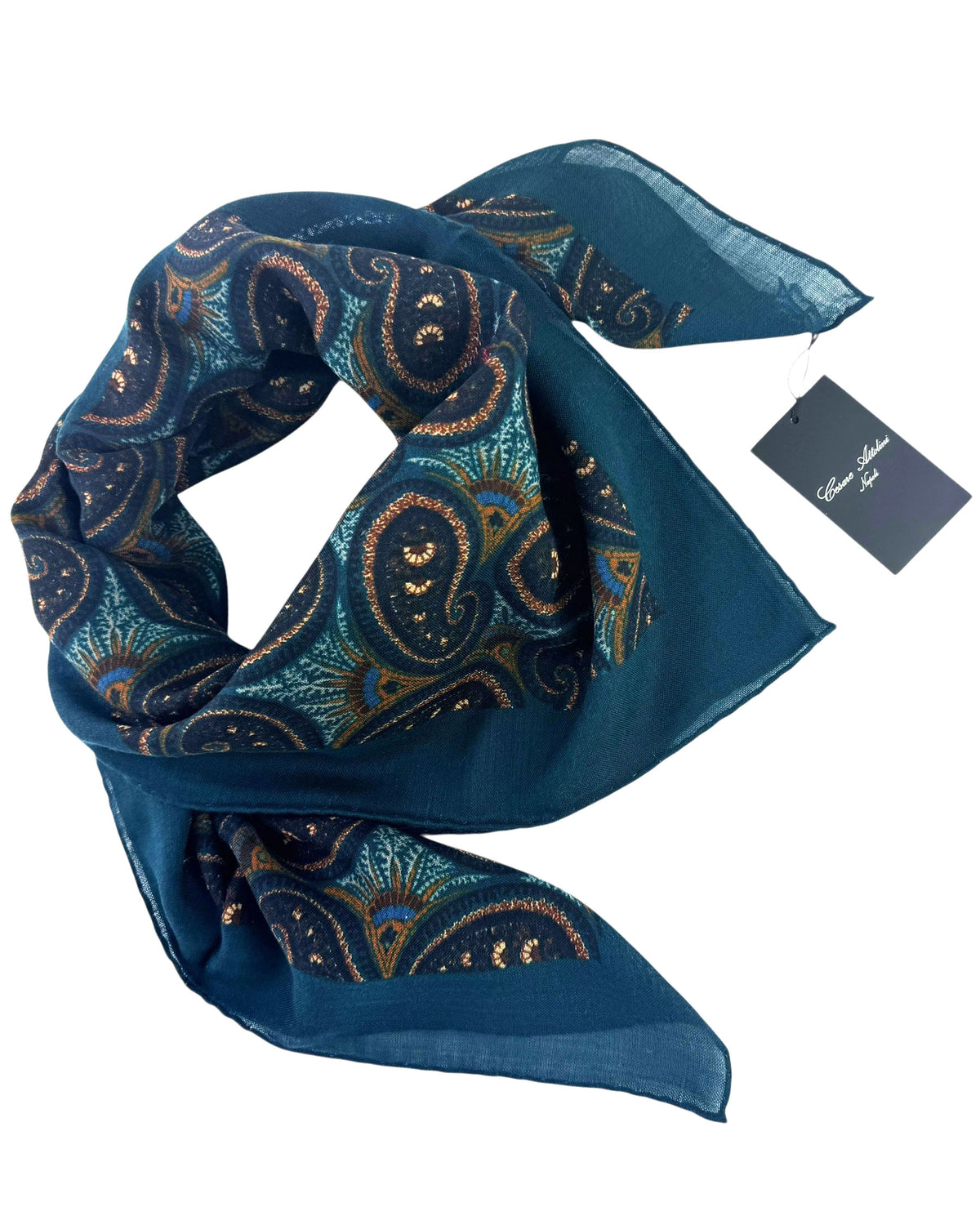 Cesare Attolini Scarf Petrol Blue Brown Paisley - Cashmere Square Shawl
