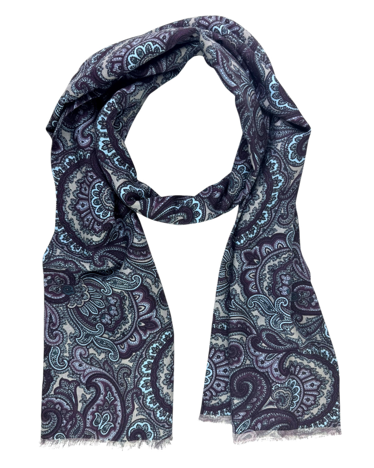 Cesare Attolini Scarf Gray Purple Paisley Ornamental Cashmere Silk