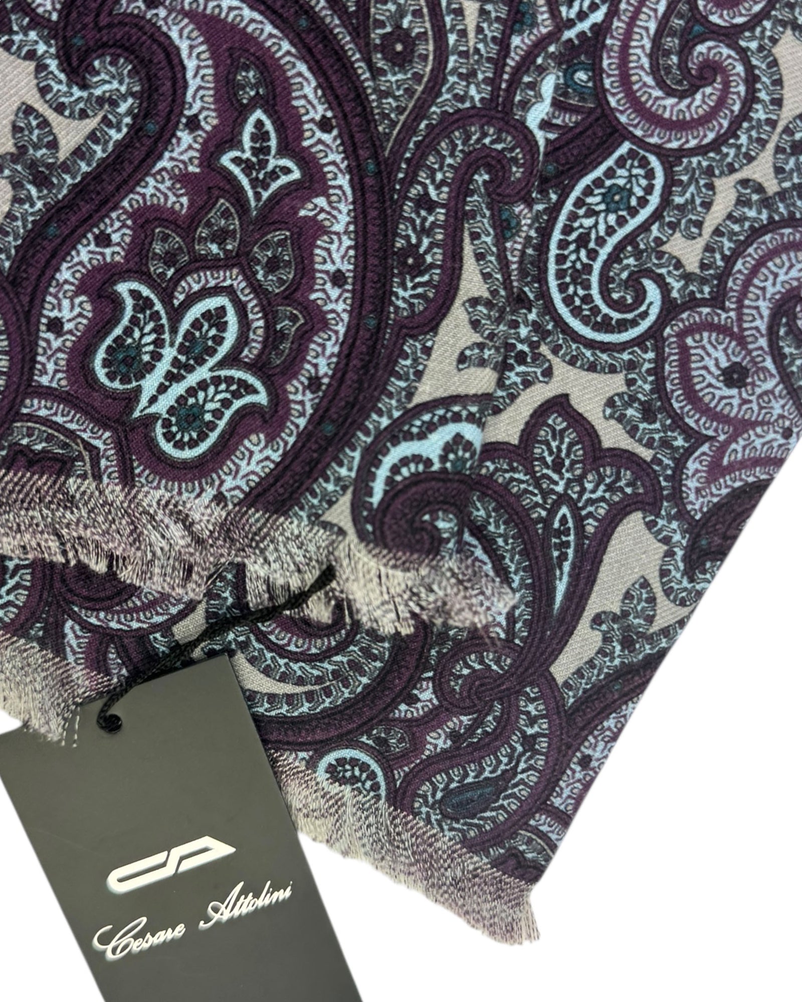 Cesare Attolini Scarf Gray Purple Paisley Ornamental Cashmere Silk