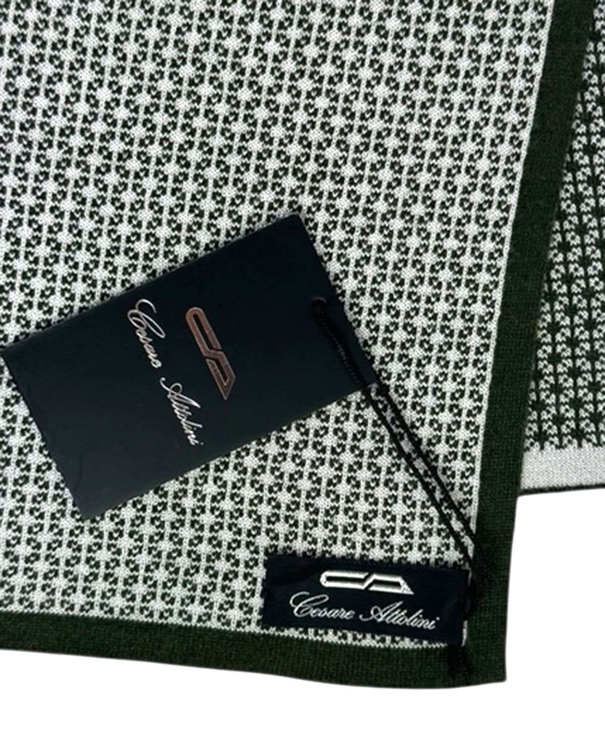 Cesare Attolini Scarf Dark Green Gray Geometric - Luxury Wool Silk Shawl