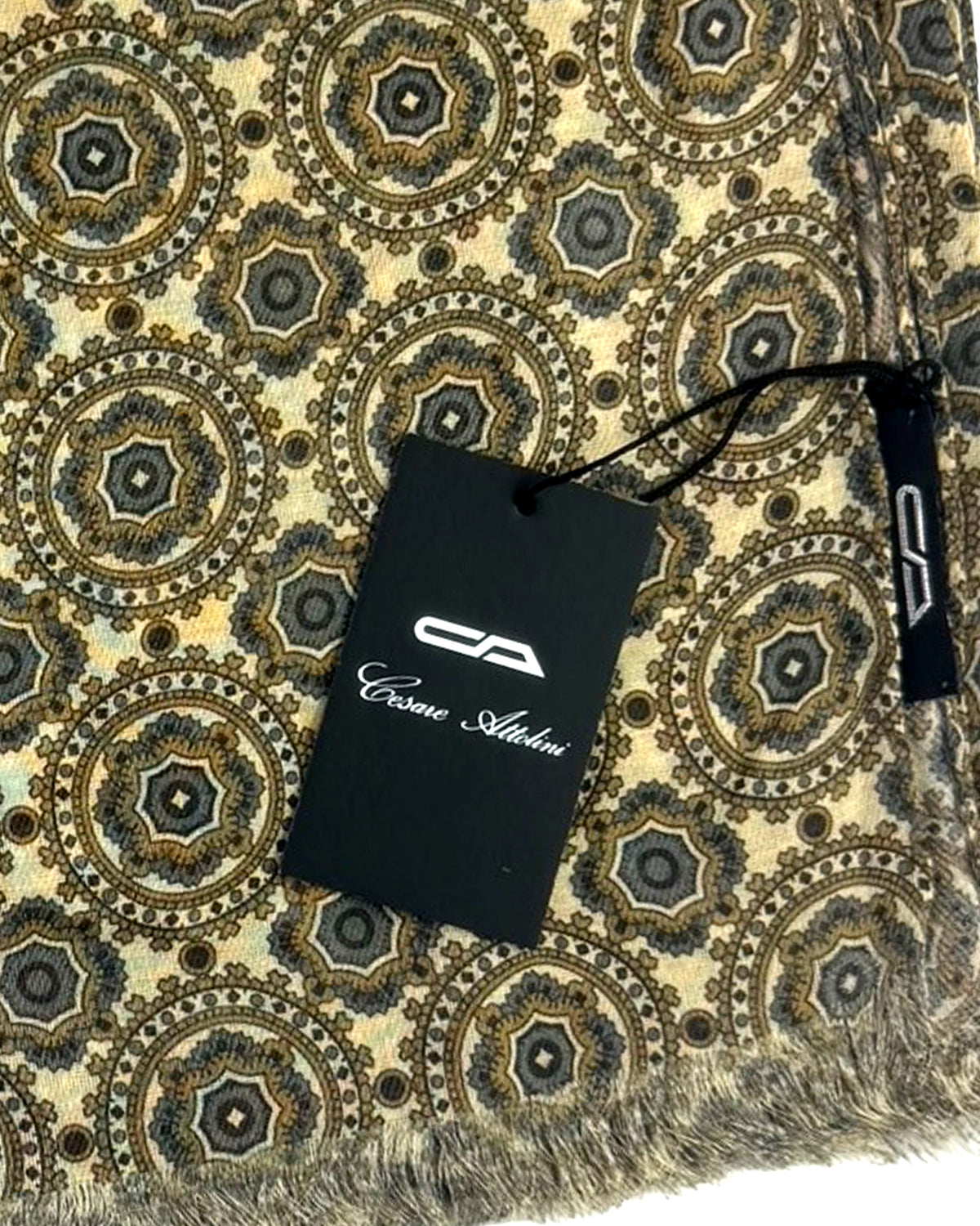 Cesare Attolini Scarf Beige Taupe Gray Medallion - Cashmere Cotton