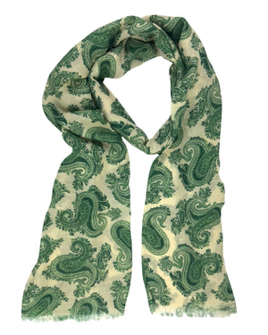 Cesare Attolini Scarf Green Paisley Design - Linen Cashmere Silk Shawl