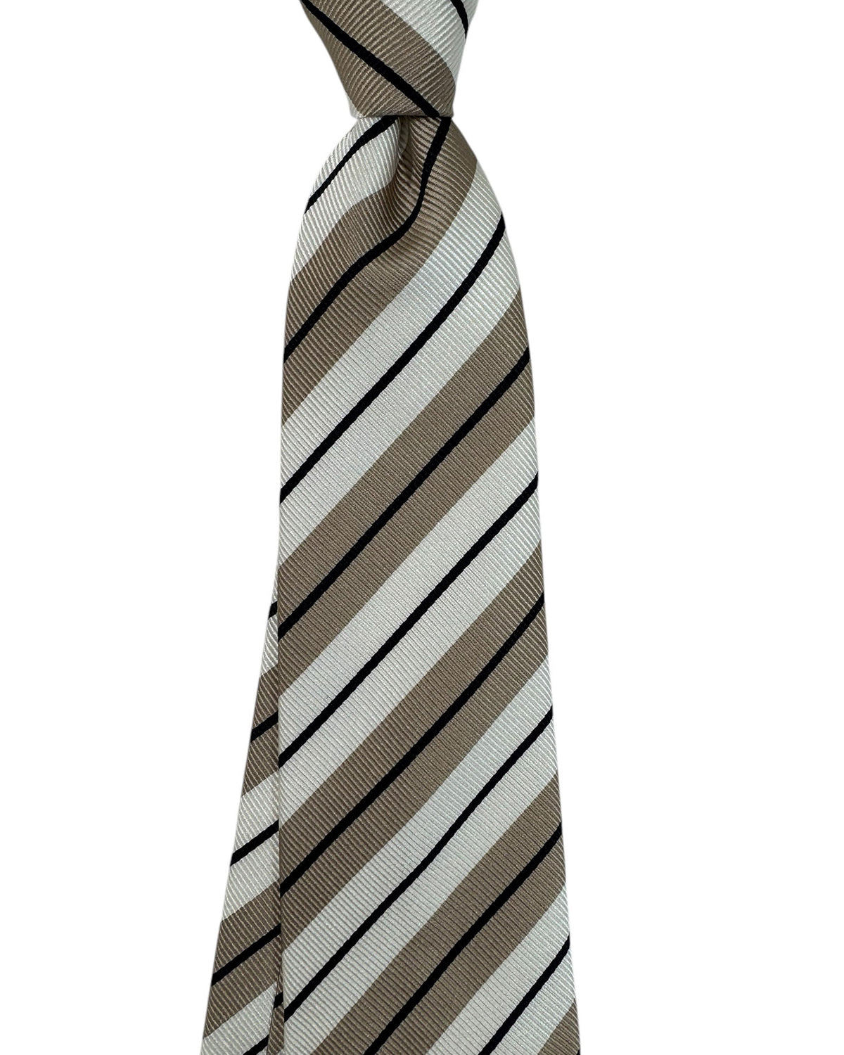 Cesare Attolini Unlined Silk Tie Taupe White Stripes SALE