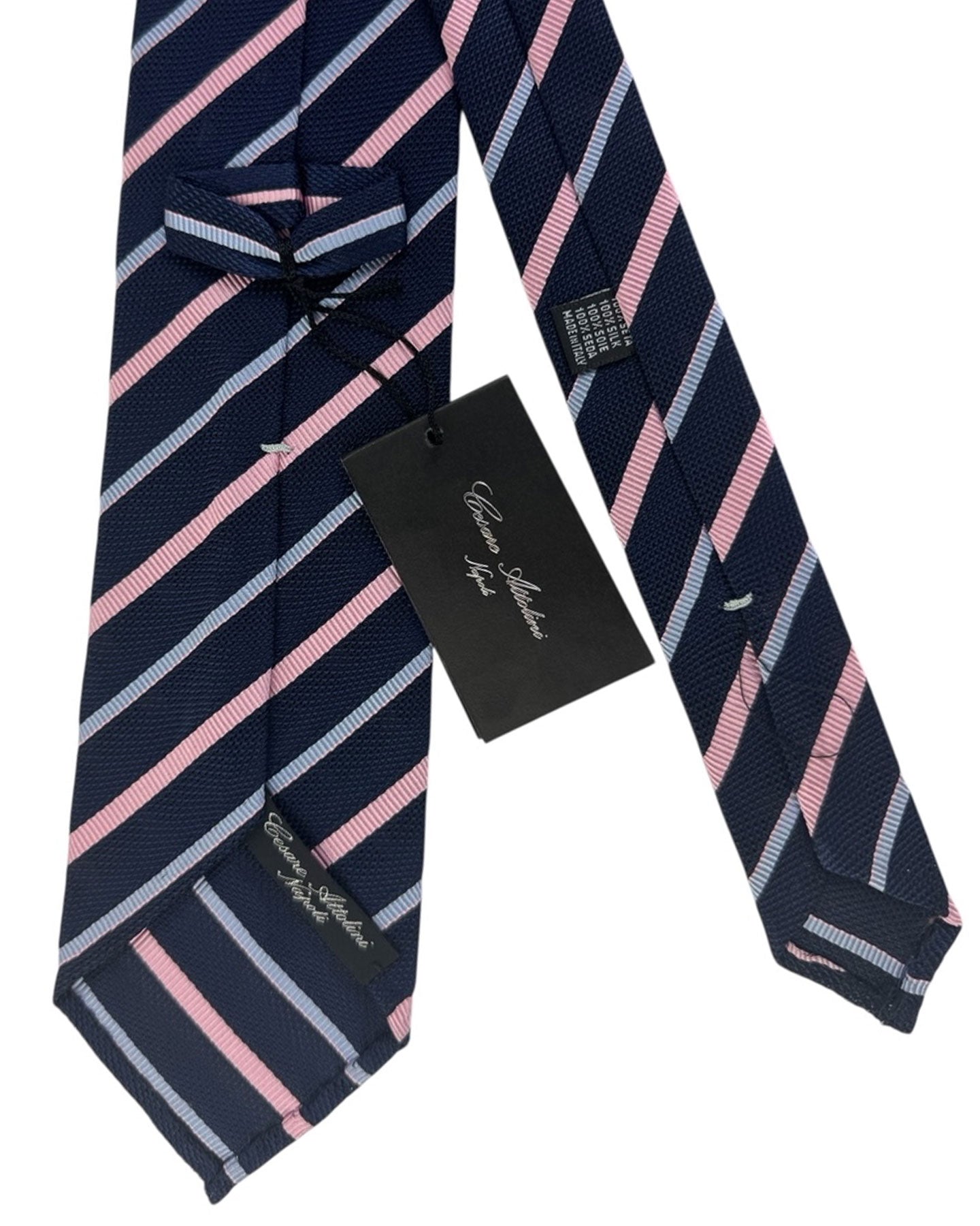 Cesare Attolini Unlined Tie Navy Pink Stripes Design Cesare Attolini Unlined Tie Navy Pink Stripes Design