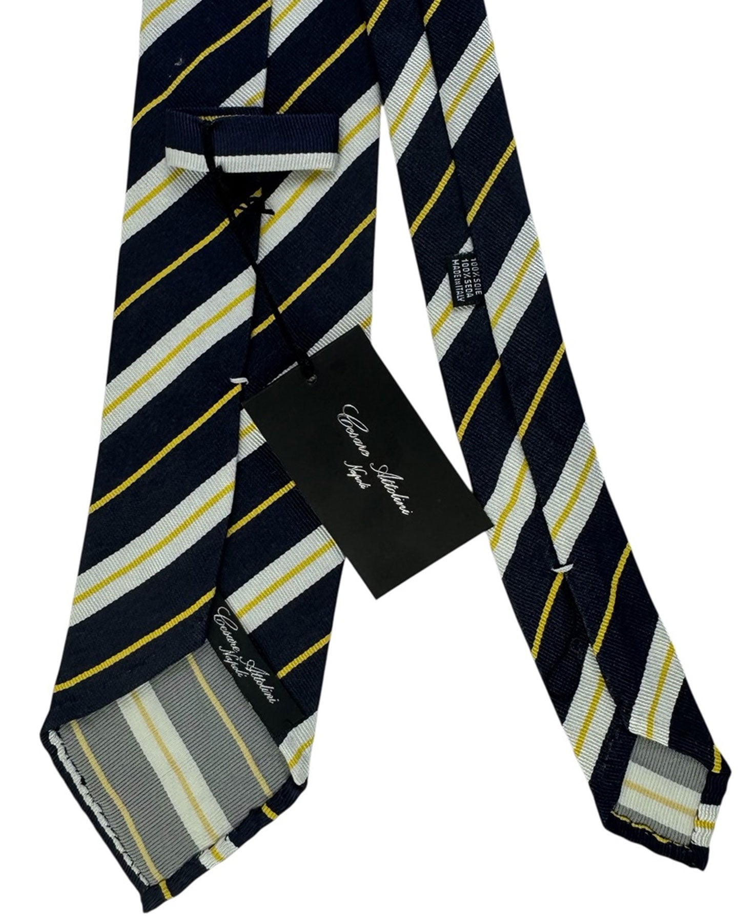 Cesare Attolini Unlined Tie Black White-Silver Orange Stripes