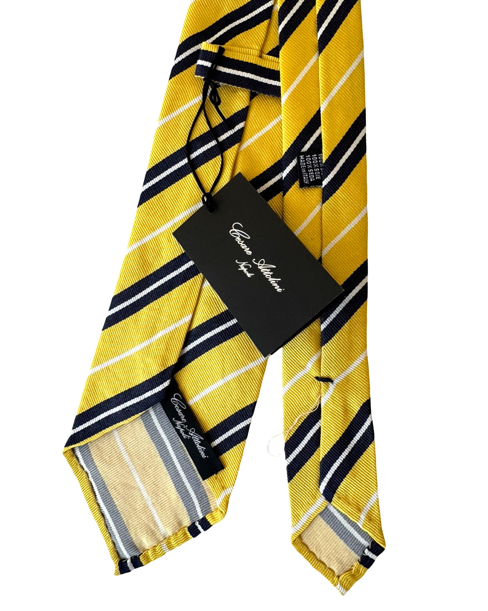 Cesare Attolini Unlined Tie Mustard Navy Regimental Stripes