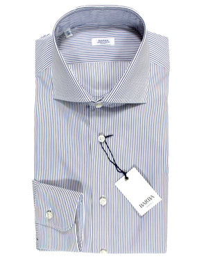 Barba Dress Shirt White Navy Stripes