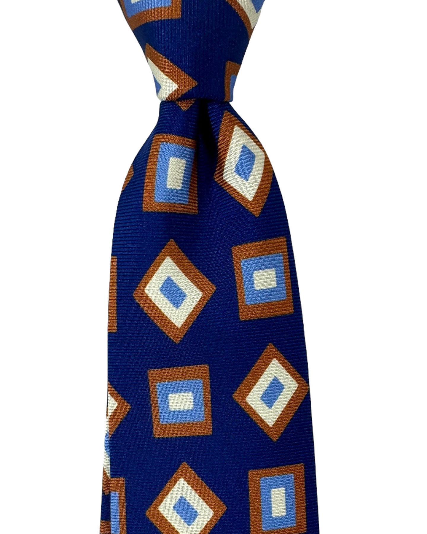 Barba Sevenfold Tie Royal Blue Rust Orange Geometric Design - Sartorial Neckwear