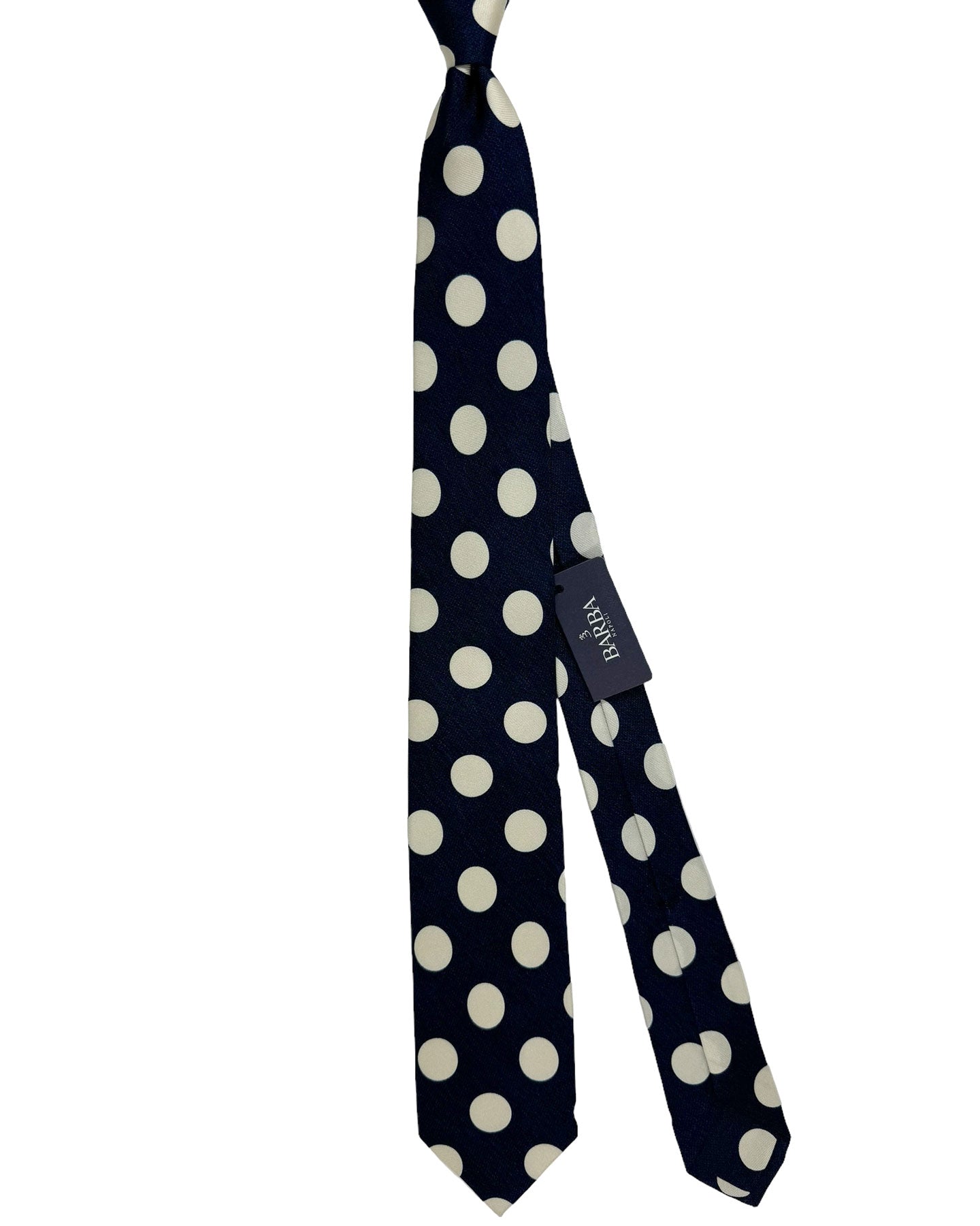 Barba Sevenfold Tie Dark Navy White Silver Polka Dots Design - Sartorial Neckwear