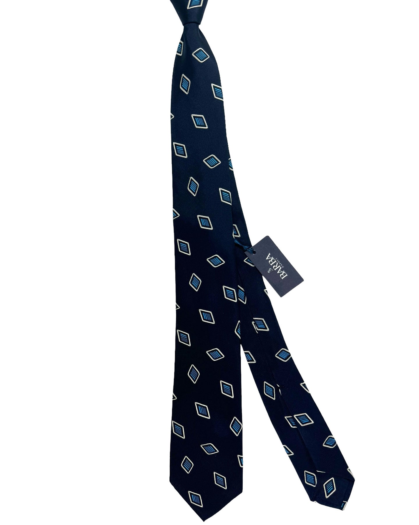 Barba Sevenfold Tie Navy Aqua Blue Diamonds Design - Sartorial Neckwear