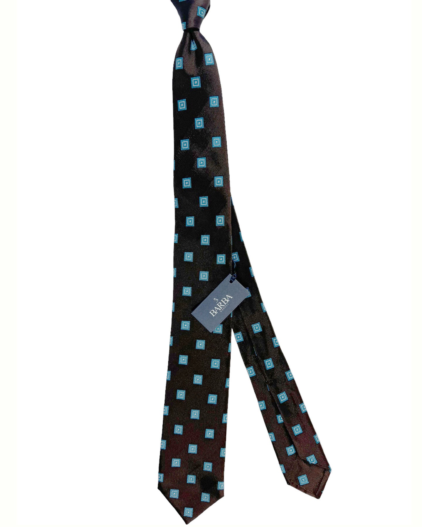 Barba Sevenfold Tie Brown Aqua Silver Geometric Design - Sartorial Neckwear